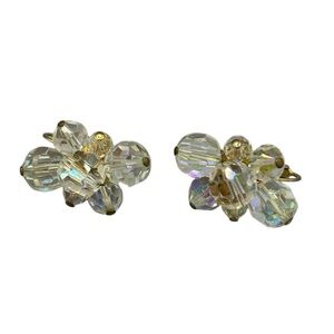 Vintage Aurora Borealis Crystal Cluster Clip-On Earrings Gold Tone Mid Century
